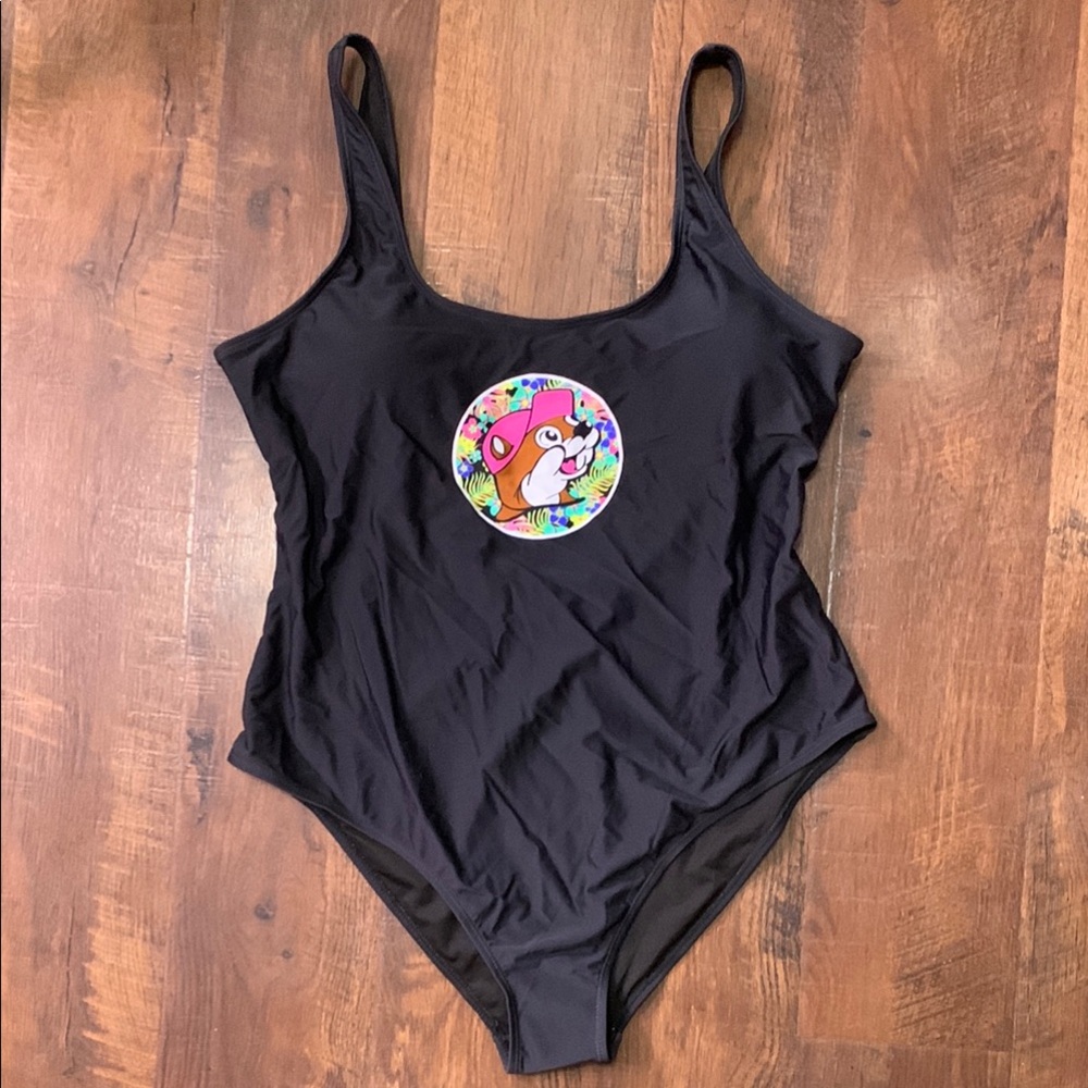 Black One Piece Swimsuit with Tropical Buc-ees Beaver Design